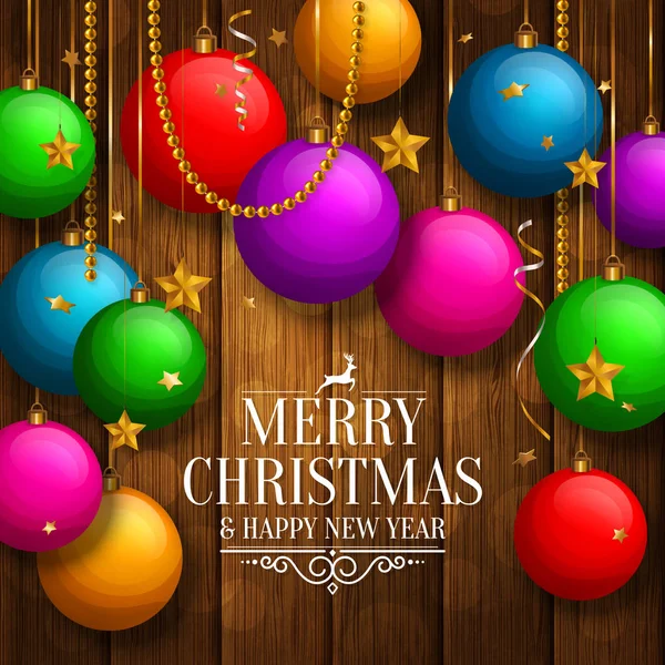 Noel kartı renkli topları ve altın yıldız. Ahşap plakalar arka plan. Vektör çizim.