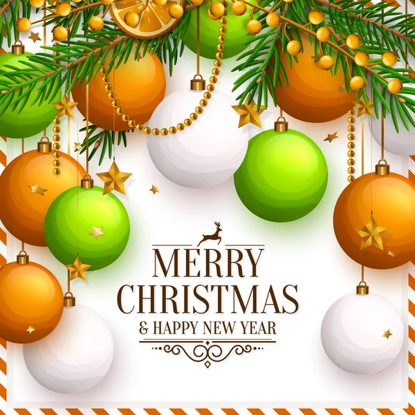 Χριστουγεννιάτικο φόντο με πολύχρωμες μπάλες, Χριστουγεννιάτικες μπάλες. Γυρλάντα φτιαγμένη από κλαδιά έλατου, κίτρινους καρπούς, πορτοκάλι και μαργαριτάρια. Εικονογράφηση διάνυσμα. — Διανυσματικό Αρχείο