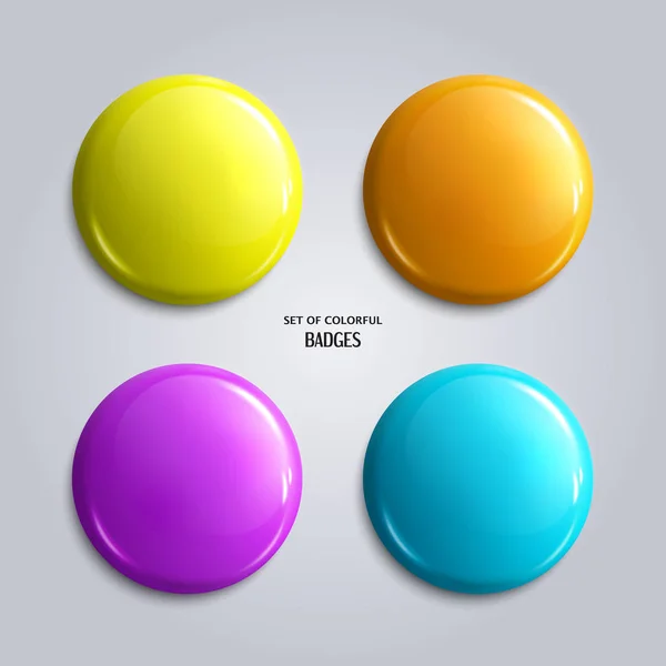 Ensemble vectoriel de badges ou de boutons web vierges et colorés. Quatre couleurs vives, jaune, orange, bleu et violet. Vecteur . — Image vectorielle