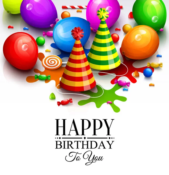 Feliz cumpleaños tarjeta de felicitación. Partido globos multicolores, sombrero, salpicaduras de pintura, dulces, piruleta y letras con estilo. Vector . — Vector de stock