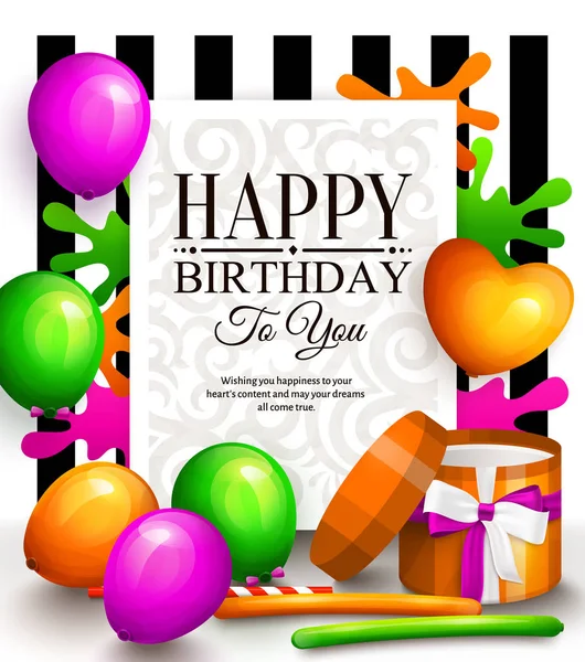 Happy birthday greeting card. Party multicolored balloons, colorful streamers, wrapped gift box and stylish lettering on dotted background. Vector. — Stock Vector