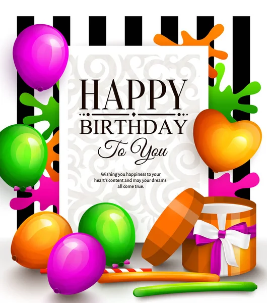 Χαρούμενα γενέθλια ευχετήρια κάρτα. Κόμμα πολύχρωμα μπαλόνια, πολύχρωμα πλακάτ, τυλιγμένο δώρο κουτί και κομψά γράμματα σε διάστικτο φόντο. Διάνυσμα. Διάνυσμα Αρχείου