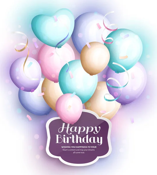 Happy birthday greeting card. Retro vintage pastel party balloons, streamers, paper label with stylish lettering. Vector. — Stock Vector
