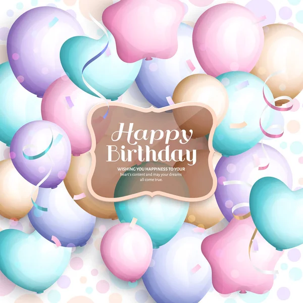 Joyeux anniversaire carte de voeux. Ballons de fête pastel vintage rétro, banderoles, cadre transparent avec lettrage élégant. Vecteur . — Image vectorielle