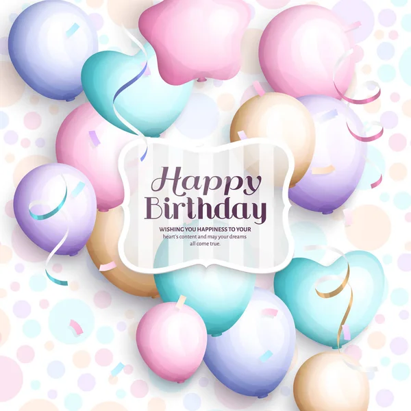 Feliz cumpleaños tarjeta de felicitación. Globos de fiesta retro vintage pastel, serpentinas, marco transparente con letras elegantes. Vector . — Vector de stock