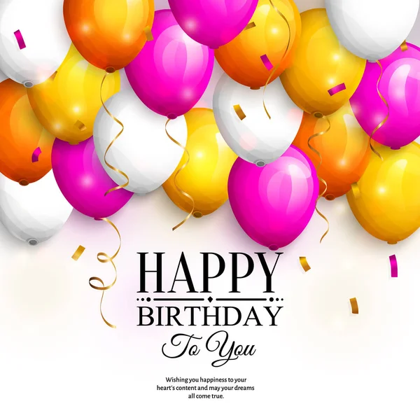 Buon compleanno biglietto di auguri. Partito palloncini colorati, stelle filanti d'oro, coriandoli e lettering elegante. Vettore . — Vettoriale Stock