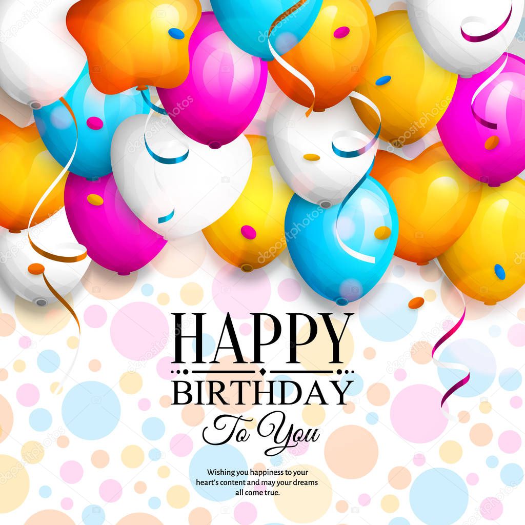 Happy birthday greeting card. Party colorful balloons, streamers, confetti and stylish lettering on dotted background. Vector.