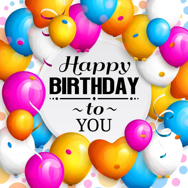 Grattis på födelsedagen gratulationskort. Party färgglada ballonger, serpentiner, konfetti och snygga bokstäver på prickig bakgrund. Vektor. — Stock vektor
