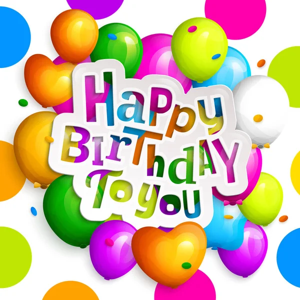 Feliz cumpleaños tarjeta de felicitación. Partido globos de colores, confeti y letras elegantes sobre fondo punteado.. Vector . — Vector de stock