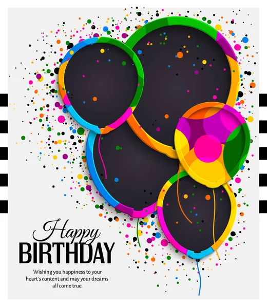 Happy birthday greeting card. Paper balloons with colorful borders. Drops color on background. Vector illustration. — Stock Vector