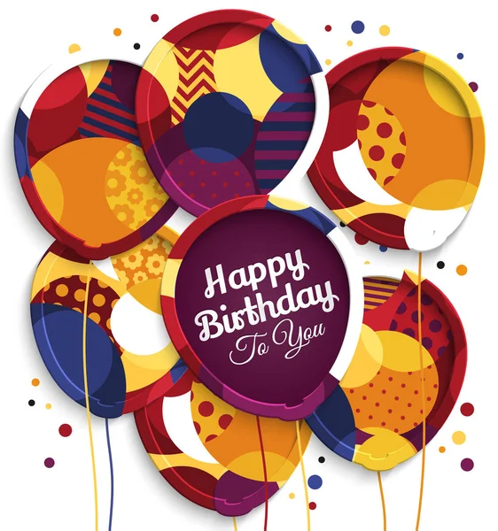 Grattis på födelsedagen gratulationskort. Papper ballonger med färgglada texturer. Tappar färg på bakgrunden. Vektorillustration. — Stock vektor