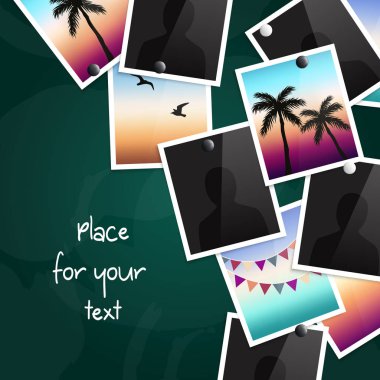 Bir kara tahta mıknatıslar ile bağlı fotoğraf yığını. Metin için yer. Vektör.