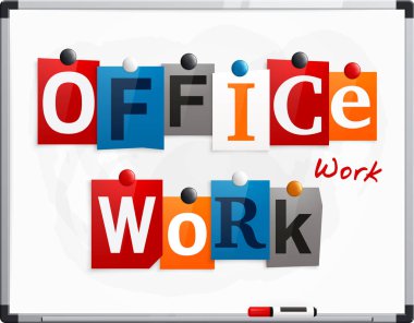 Ofis işleri bir beyaz tahta veya göstermek mıknatıslar ile bağlı gazete harf yapılmıştır. Marker Kalem. Vektör.