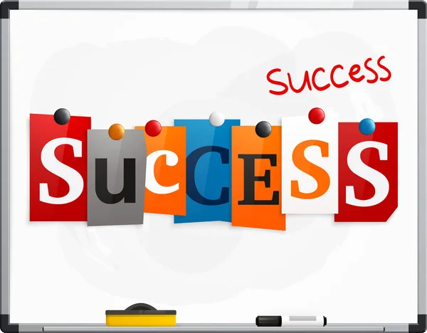 The word Success made from newspaper letters attached to a whiteboard or noticeboard with magnets. Marker pen. Vector. — Stock Vector