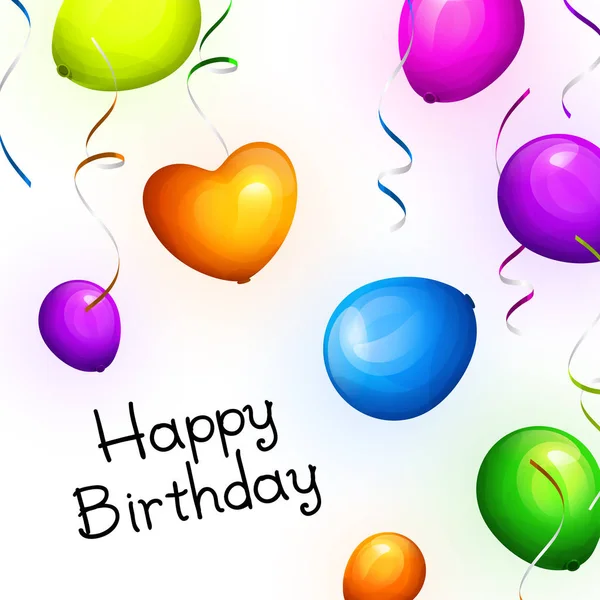 Tarjeta de felicitación de cumpleaños con globos de fiesta coloridos realistas y serpentinas. Vector . — Vector de stock