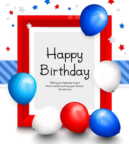 Joyeux anniversaire carte de voeux. Fête ballons multicolores, cadre rouge pour votre texte, ruban bleu sur fond. Vecteur . — Image vectorielle