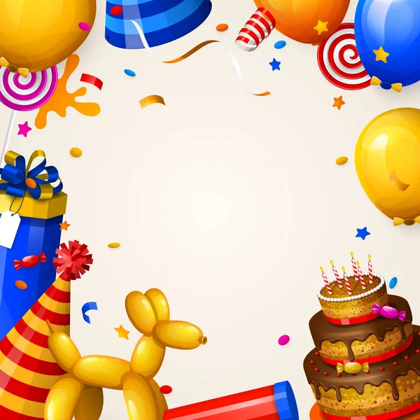 Fondo fiesta de cumpleaños con globos, pastel, cajas de regalo, piruleta, confeti y cintas. Lugar para tu mensaje. Vector . — Vector de stock