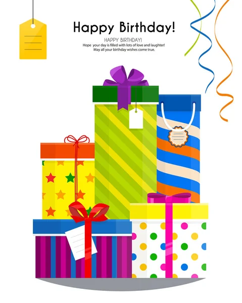 Stapel von Geschenkboxen für Ihren Geburtstag oder Weihnachten. viele Geschenke im flachen Stil. — Stockvektor