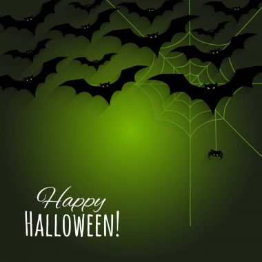 Happy Halloween background with silhouettes bats, spider web and small spider. clipart