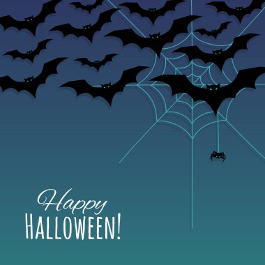 Mutlu Cadılar Bayramı arka plan siluetleri yarasalar, örümcek ağı ve küçük örümcek.