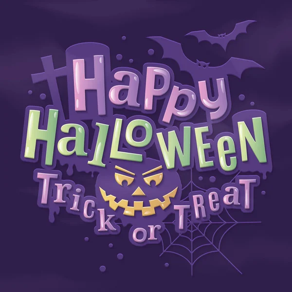 Happy Halloween stilvoller Schriftzug mit gruseligem Kürbisgesicht, Fledermäusen, Spinnennetz und Grabstein auf Hintergrund. — Stockvektor