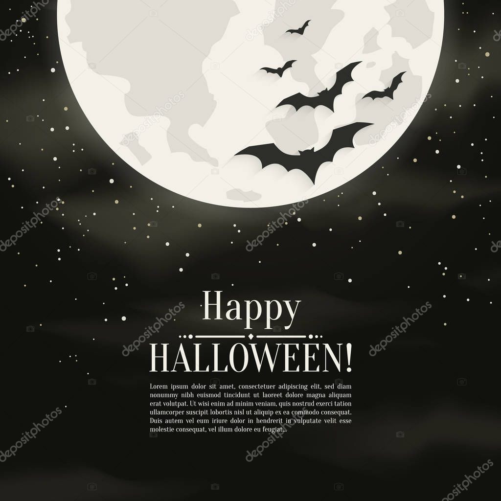 Happy Halloween background with moon and silhouettes bats. Vector illustration.