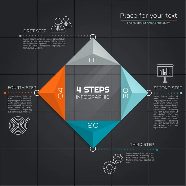 Infografica moderna di affari. Design con triangoli e quattro segmenti per la presentazione. Vettore . — Vettoriale Stock