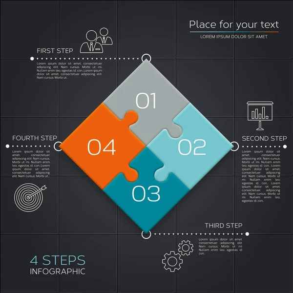 Infographie commerciale moderne pour votre présentation. Quatre étapes vers le succès. Pièces de puzzle. Vecteur . — Image vectorielle