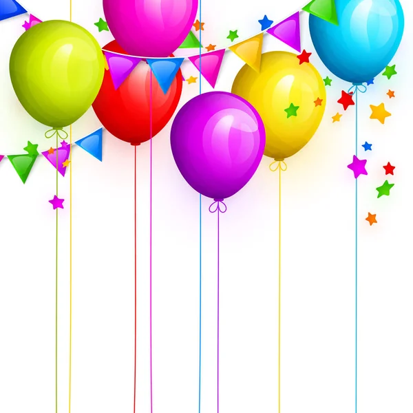 Manojo de globos de cumpleaños de colores con estrellas y banderas coloridas buntings. Vector . — Vector de stock