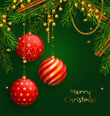 Noel arka plan kırmızı topları, xmas baubles ile. Garland çam dalları, sarı çilek, tarçın ve inci yapılmış. Vektör çizim.
