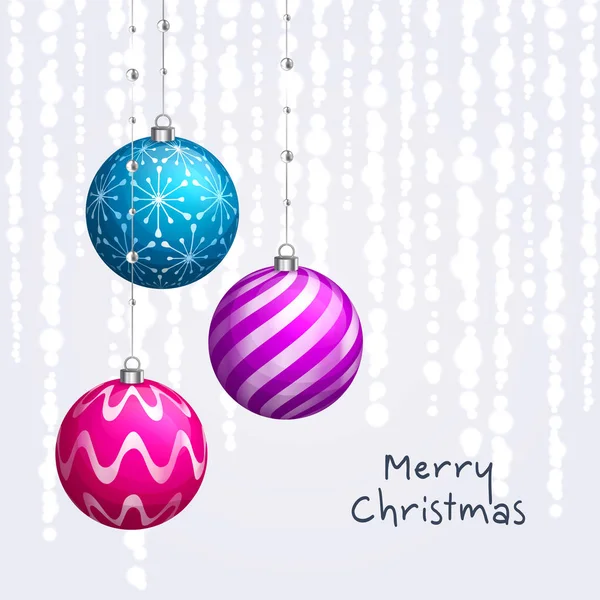 Christmas card. Xmas balls hanging on ribbons with pearls. Background with bokeh lights. Vector. — Stock Vector