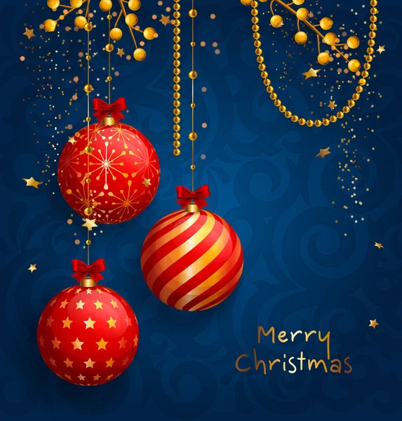 Kırmızı topları, xmas baubles ile Noel kartı. Sarı çilek, yıldız ve mavi zemin üzerine inciler. Vektör çizim.