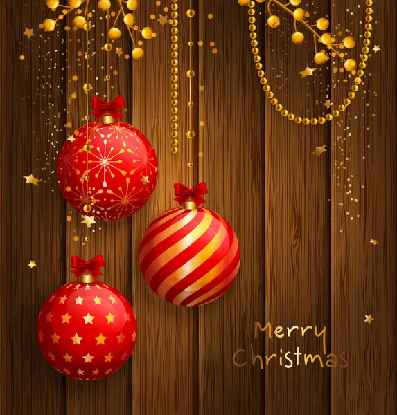 Kırmızı topları, xmas baubles ile Noel kartı. Sarı çilek, yıldız ve inci ahşap arka plan üzerinde. Vektör çizim.