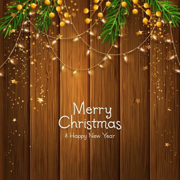 Vánoční přání. Větve jedle, žluté bobule a žárovky na dřevěné pozadí. Vektor. — Stockový vektor