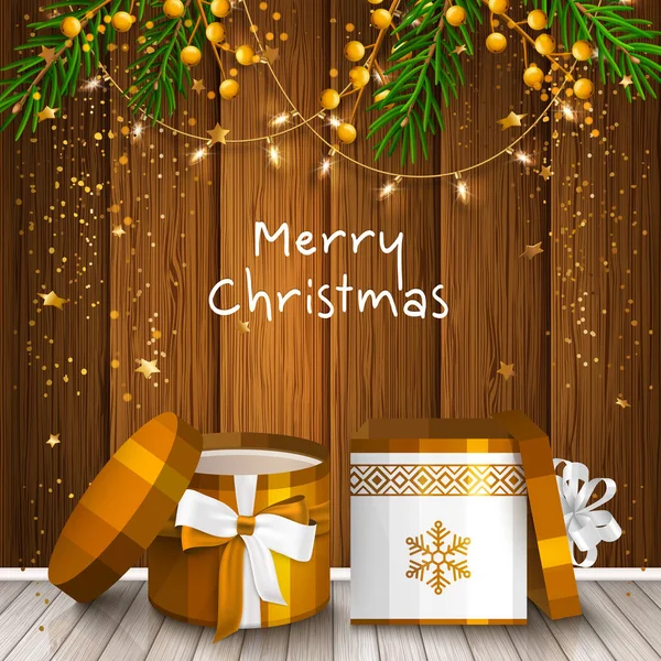 带包装礼品盒的圣诞贺卡。冷杉树枝, 电灯泡和星在木背景。矢量. — 图库矢量图片