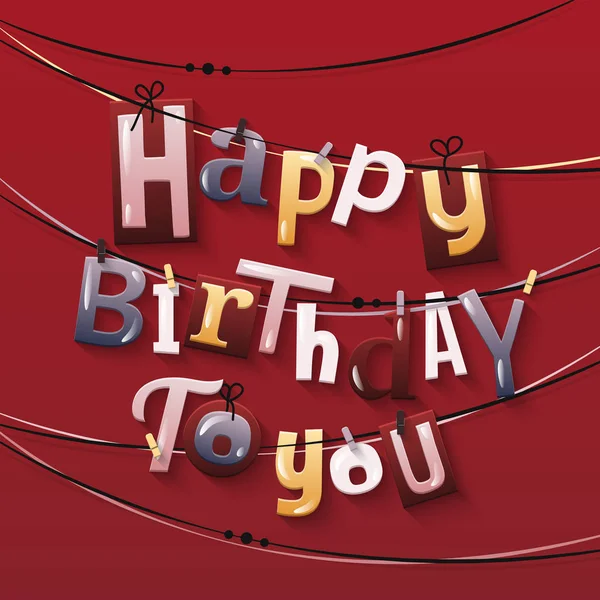 Feliz cumpleaños tarjeta de felicitación. Pinzas de ropa y letras de colores colgando de la cuerda. Vector . — Vector de stock