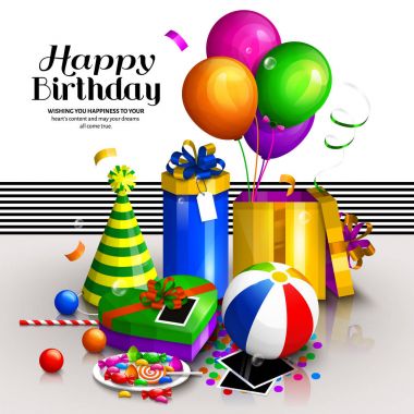 Mutlu doğum günü tebrik kartı. Renkli sarılmış hediye kutuları. Bir sürü hediye ve oyuncaklar. Parti balonları, şapka, konfeti, şekerler, fotoğraf çerçeveleri, topları yere. Vektör.