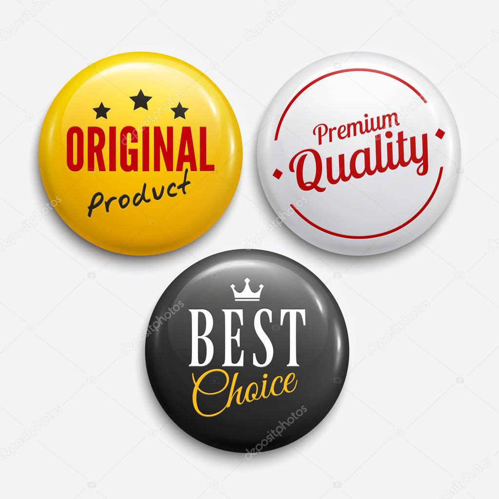 Set of advertising glossy badges. Product promotions. Premium quality, original product, best choice. Vector.