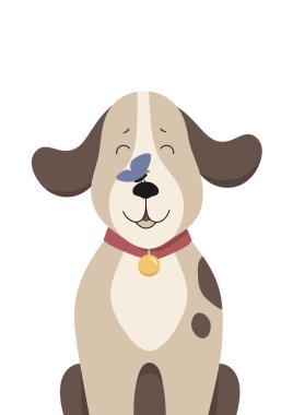 Cute baby dog with butterfly on the nose. Childish print for nursery, poster, postcard. Can be used for fashion t-shirt design. Vector.