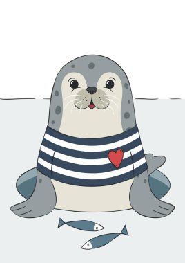 Seal cute sea lion, animal in sailor t-shirt. Hand drawn funny illustration. Childish print for nursery, poster, postcard. For winter or christmas. Vector.