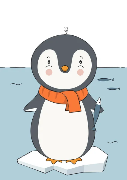 Милый ручной пингвин с рыбой. Смешная карикатура. Детская печать для детской, плакат, открытка. На зиму или Рождество. Вектор . — стоковый вектор