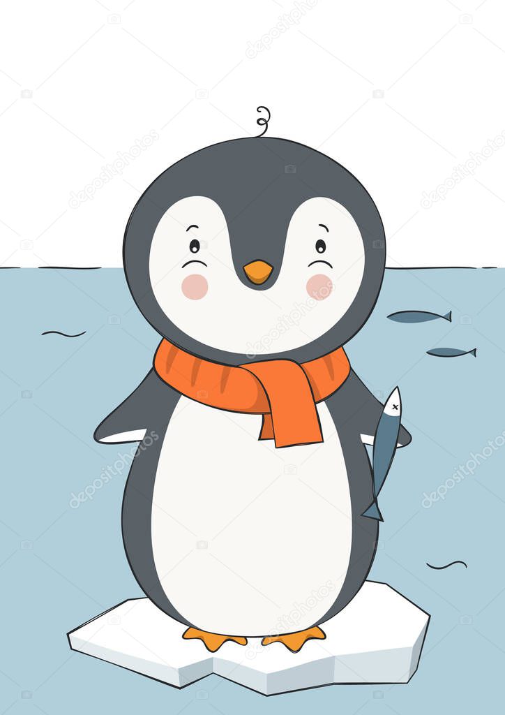 Cute hand drawn penguin with fish. Funny cartoon illustration. Childish print for nursery, poster, postcard. For winter or christmas. Vector.