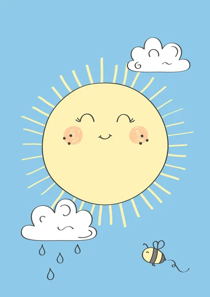 Aranyos nap mosollyal. Kis méh és felhők a háttérben. Plakát a babaszobának. Gyerekes ujjlenyomat a gyerekszobának. A design divatpólókhoz is használható. Kézzel rajzolt vektor illusztráció. — Stock Vector