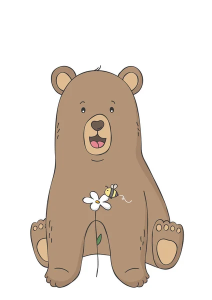 Χαριτωμένη αρκούδα και μέλισσα σε λουλούδι. Ζώο του δάσους. Αφίσα για το παιδικό δωμάτιο. Παιδικό αποτύπωμα για παιδικό δωμάτιο. Το σχέδιο μπορεί να χρησιμοποιηθεί για t-shirt μόδας. Χειροκίνητη διανυσματική απεικόνιση. — Διανυσματικό Αρχείο
