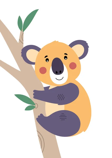 Netter Koala auf Eukalyptuszweig. Plakat für Babyzimmer. Kindlicher Druck für das Kinderzimmer. Design kann für Mode-T-Shirt, Grußkarte, Baby-Dusche verwendet werden. Vektorillustration. — Stockvektor