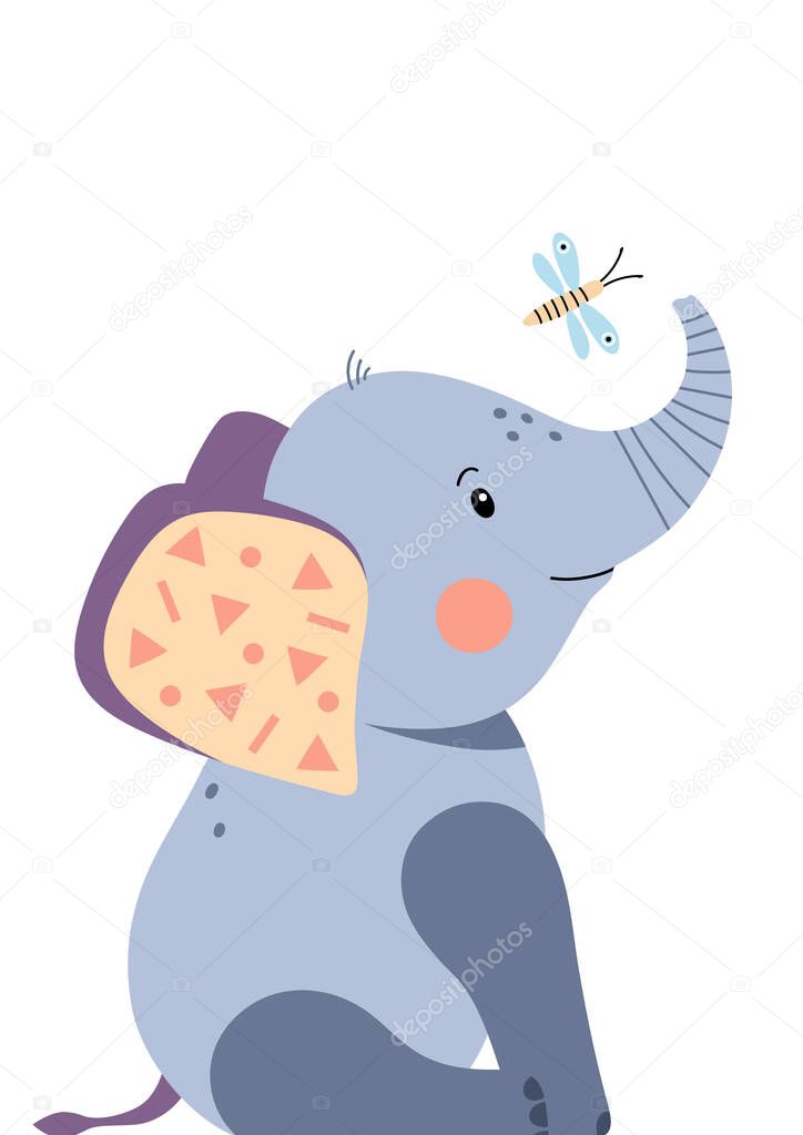 Cute elephant and dragonfly. Poster for baby room. Childish print for nursery. Design can be used for fashion t-shirt, greeting card, baby shower. Vector illustration.