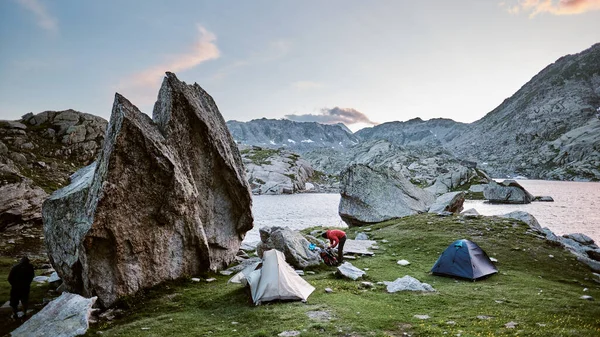 Camping tents ready for the night in the Italian Alps, near Unghiasse lake