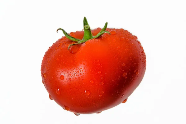 Dokonalé šťavnaté čerstvé červené rajče se zelenými listy ve vodě kapky na bílém pozadí — Stock fotografie