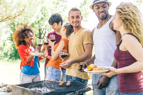 Venner har det sjovt på grill fest - Stock-foto