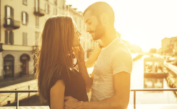 Romantic couple on bridge — Stock Photo, Image